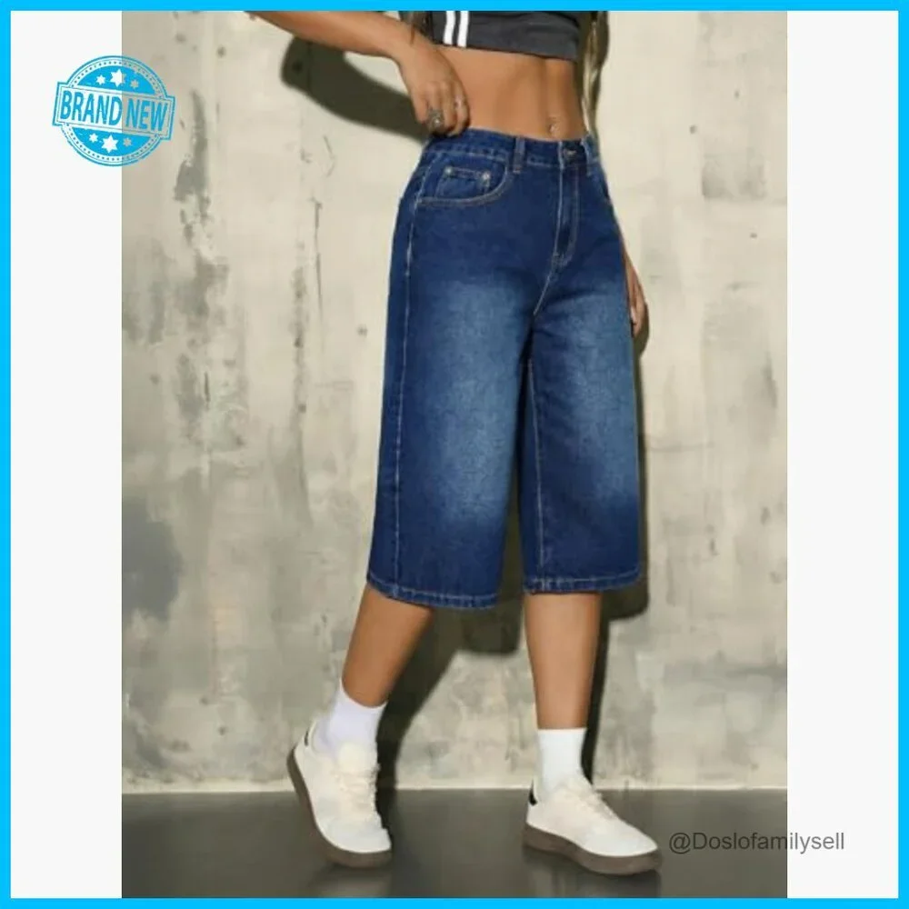 Y2K Retro Denim Bermudas Wide Leg Baggy Jean Shorts Mid High Waisted - Picture 4 of 7